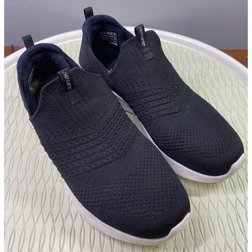 Skechers‎ Womens Black&White Memory Foam Stretch Fit Slip-on Shoes 8